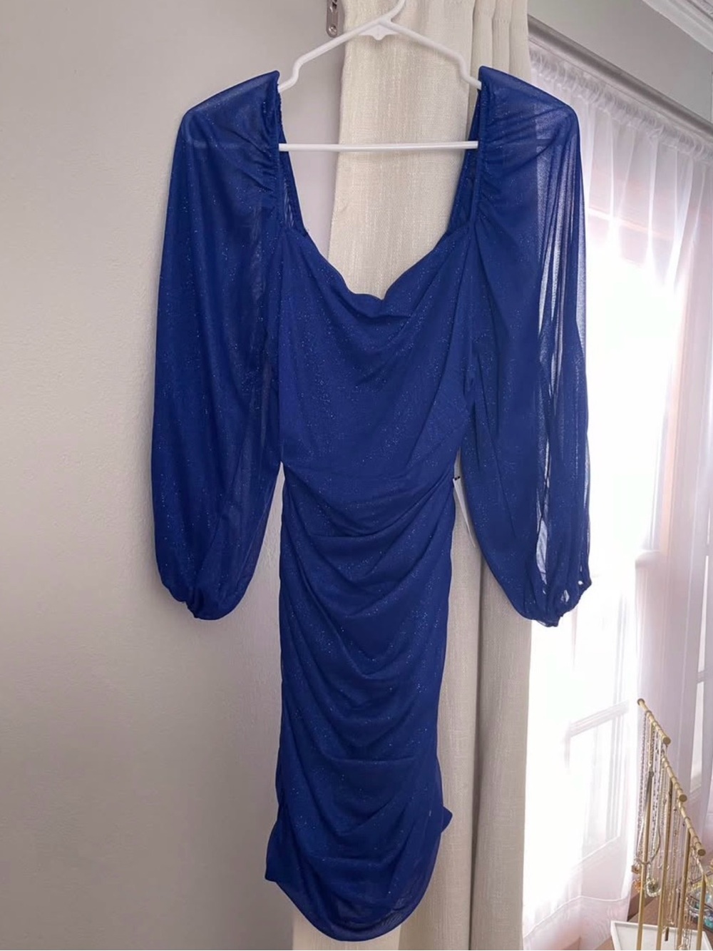 Royal Blue Sheer Sleeve Ruched Women’s Dress